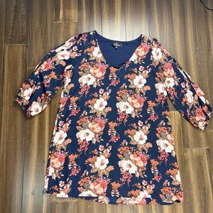 Lulu’s size L Navy Pink Cold Sleeve Floral Mini Knee Length Dress Flowy Fit